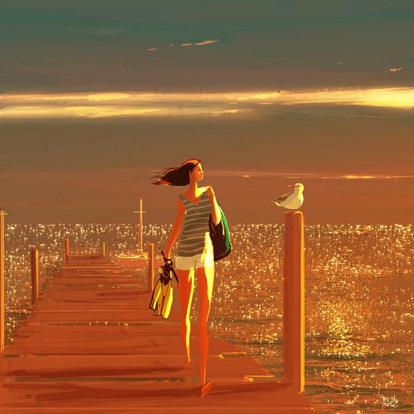 Anime picture 1024x1024 with original pascal campion long hair brown hair sitting bare shoulders holding sky barefoot sunlight bare legs no shoes evening sunset girl animal water bird (birds) bag seagull