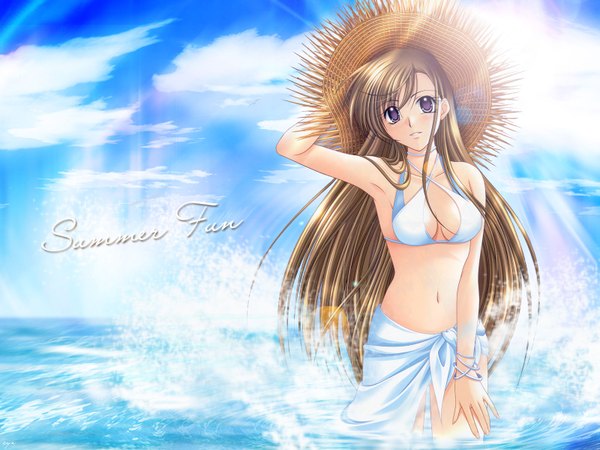 Anime picture 1600x1200 with memorial song takizawa eri single long hair looking at viewer fringe breasts brown hair purple eyes sky cloud (clouds) outdoors parted lips arm up sunlight inscription hand on hip partially submerged girl navel