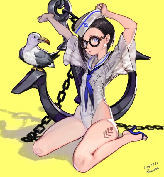 Anime picture 1119x1200 with original racoona single tall image looking at viewer short hair light erotic black hair simple background sitting purple eyes tattoo high heels wariza yellow background girl uniform animal glasses headdress