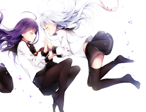 Anime picture 2012x1555 with kantai collection hibiki destroyer verniy destroyer akatsuki destroyer satou saya long hair blush fringe highres simple background smile white background multiple girls silver hair purple hair full body ahoge bent knee (knees) eyes closed parted lips