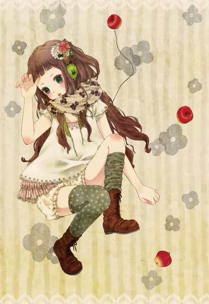 Anime picture 1033x1500 with original mizutamako single long hair tall image blush open mouth brown hair green eyes hair flower wavy hair striped polka dot striped background different thighhighs girl thighhighs skirt hair ornament flower (flowers)