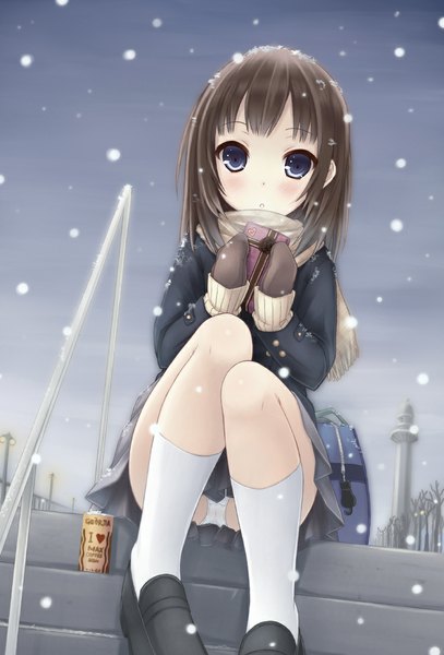 Anime picture 750x1104 with original ryo (botugo) single long hair tall image looking at viewer blush blue eyes light erotic brown hair pantyshot snowing winter pantyshot sitting exhalation girl skirt uniform underwear panties