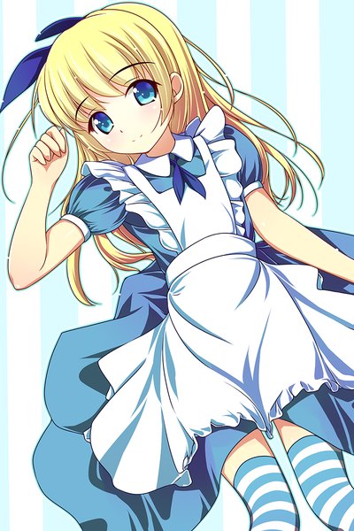 Anime picture 800x1200 with alice in wonderland alice (wonderland) matsunaga kouyou single long hair tall image looking at viewer blue eyes blonde hair girl thighhighs dress bow hair bow striped thighhighs
