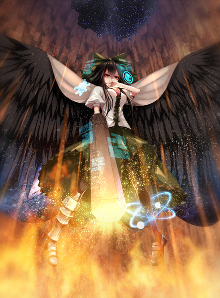 Anime picture 888x1200 with touhou reiuji utsuho someya mai single tall image fringe hair between eyes sparkle from below short sleeves puffy sleeves magic black wings starry sky print space print girl skirt bow weapon hair bow