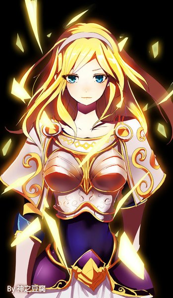 Anime picture 583x1000 with league of legends lux (league of legends) beanbean1988 single long hair tall image blush blue eyes blonde hair simple background black background girl hairband armor armored dress