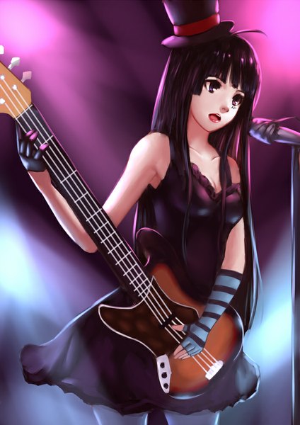Anime picture 707x1000 with k-on! kyoto animation akiyama mio inkwi single long hair tall image open mouth black hair purple eyes bare shoulders girl dress gloves pantyhose fingerless gloves microphone guitar top hat microphone stand