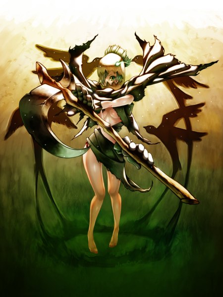Anime picture 900x1200 with league of legends fiddlesticks (league of legends) waterring single tall image looking at viewer fringe short hair light erotic green eyes green hair hair over one eye genderswap girl gloves weapon helmet scythe
