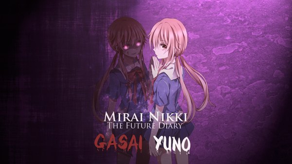 Anime picture 1366x768 with mirai nikki gasai yuno single long hair looking at viewer wide image twintails pink hair pink eyes inscription glowing reflection glowing eye (eyes) girl skirt uniform school uniform