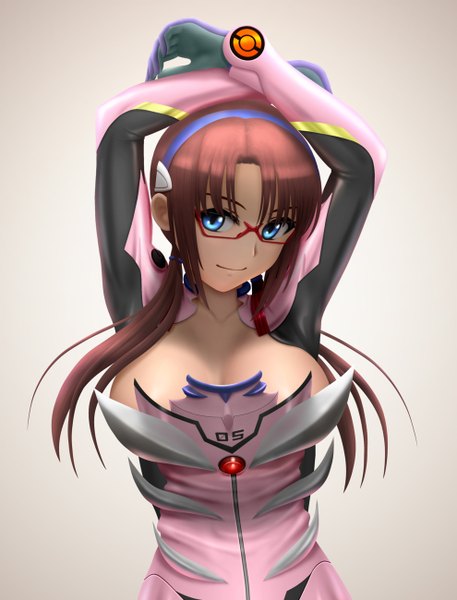Anime picture 990x1300 with neon genesis evangelion rebuild of evangelion gainax makinami mari illustrious siraha single long hair tall image looking at viewer breasts blue eyes light erotic simple background brown hair girl glasses hairband bodysuit