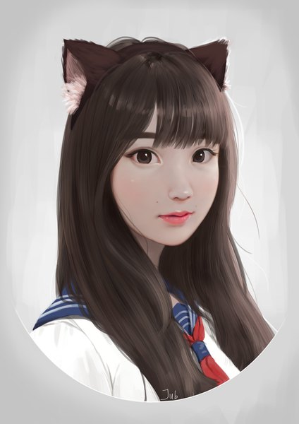 Anime picture 2480x3508 with real life yali zhang jubi (regiana) single long hair tall image looking at viewer fringe highres black hair simple background signed animal ears blunt bangs black eyes cat ears realistic grey background lipstick portrait