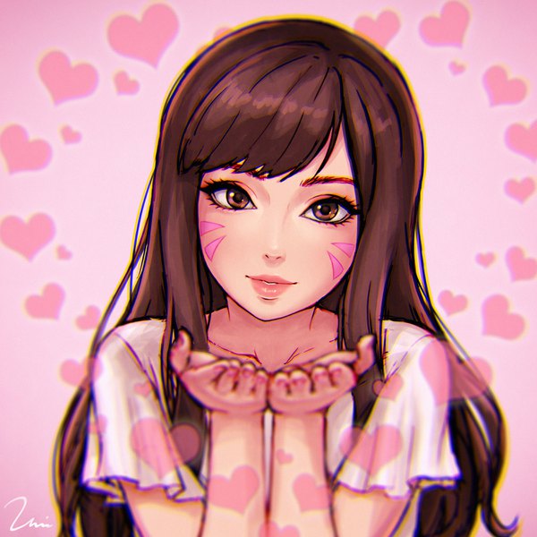 イラスト 3000x3000 と オーバーウォッチ blizzard entertainment d.va (overwatch) umitaro ソロ 長髪 カメラ目線 前髪 highres simple background 笑顔 茶色の髪 茶目 signed upper body nail polish head tilt lips short sleeves depth of field