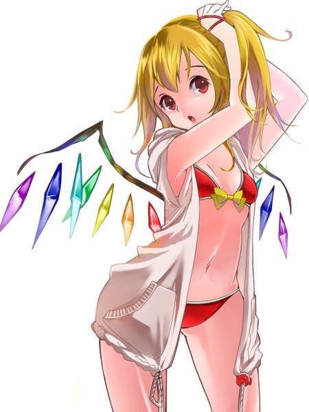 Anime picture 960x1280 with touhou flandre scarlet namauni single tall image short hair open mouth blonde hair simple background red eyes white background looking away arms up adjusting hair tying hair girl navel swimsuit bikini wings