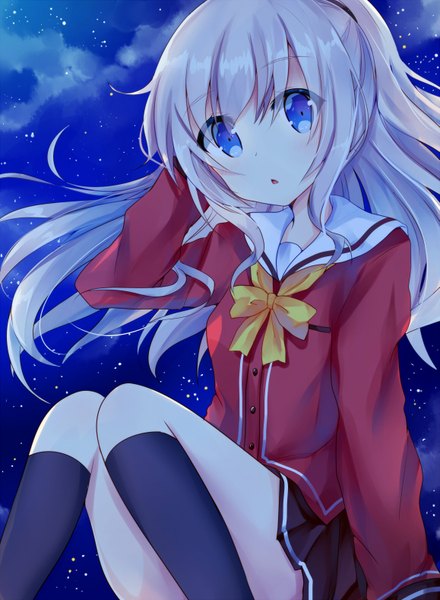 Anime picture 1157x1578 with charlotte p.a. works tomori nao asanagi kurumi (panda-doufu) single long hair tall image looking at viewer blush fringe blue eyes sitting silver hair bent knee (knees) parted lips pleated skirt night two side up night sky arm behind head