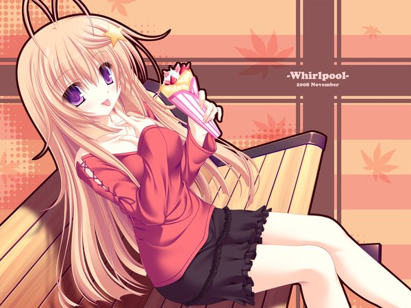 Anime picture 1920x1440 with meri chri seiya mashiro mikagami mamizu highres blonde hair purple eyes skin tight skirt hair ornament star hair ornament bench