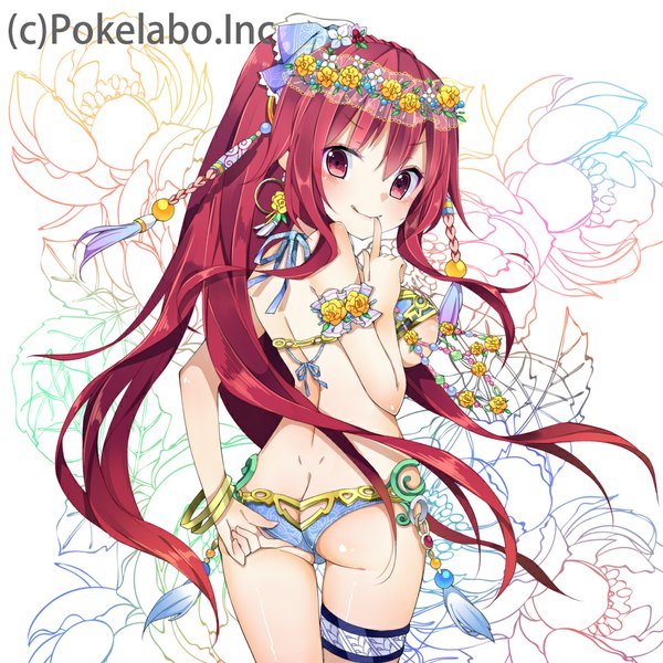 Anime picture 1000x1000 with original chico152 single long hair blush breasts light erotic smile red eyes bare shoulders ass ponytail red hair looking back girl hair ornament swimsuit bikini