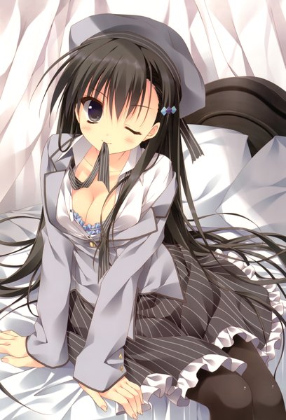 Anime picture 5018x7370 with ryohka single long hair tall image looking at viewer blush highres light erotic black hair holding absurdres one eye closed wink black eyes scan mouth hold girl skirt lingerie bra