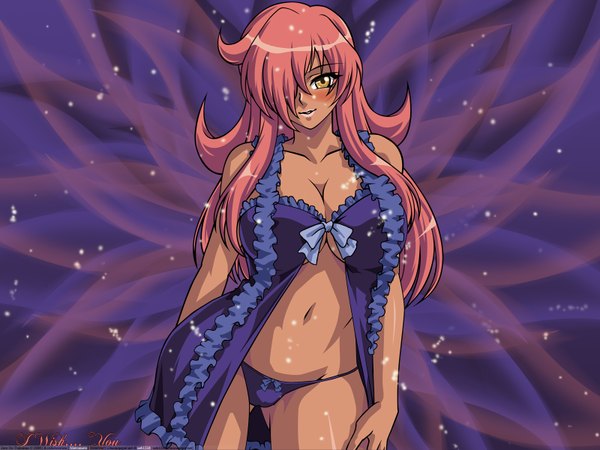 Anime picture 1600x1200 with zero no tsukaima j.c. staff kirche augusta frederica von anhalt zerbst long hair looking at viewer blush fringe light erotic brown eyes pink hair hair over one eye underwear only lipstick dark skin navel underwear panties lingerie thong