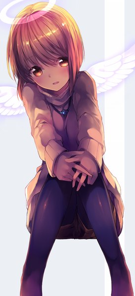 Anime picture 800x1753 with original en@rain single tall image looking at viewer blush short hair open mouth simple background brown hair sitting brown eyes angel wings girl pantyhose wings pendant sweater halo