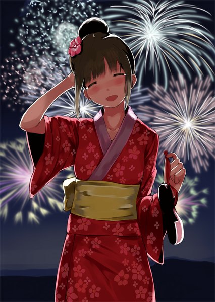 Anime picture 754x1063 with original asterism single tall image blush short hair open mouth brown hair eyes closed traditional clothes japanese clothes night hand on head ^ ^ ^o^ fireworks festival girl obi yukata