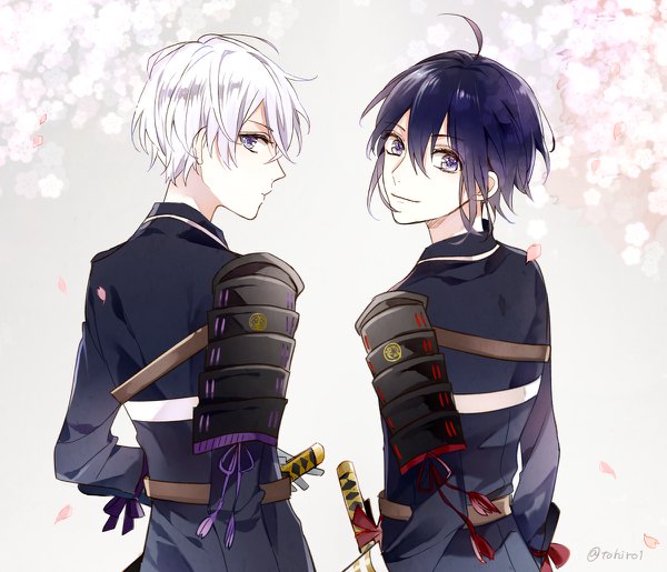 Anime picture 1200x1030 with touken ranbu nitroplus honebami toushirou namazuo toushirou shijima tohiro looking at viewer fringe short hair simple background hair between eyes purple eyes signed silver hair purple hair ahoge profile looking back light smile from behind grey background