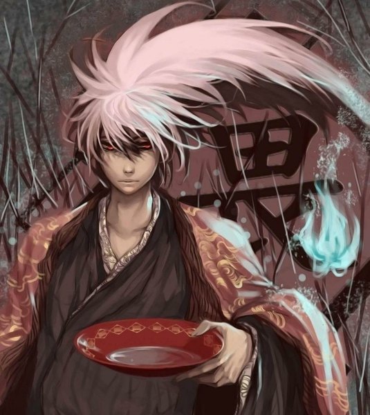 Anime picture 1037x1163 with nurarihyon no mago nura rikuo white-corner long hair tall image black hair red eyes white hair japanese clothes multicolored hair two-tone hair hieroglyph dual persona boy plate