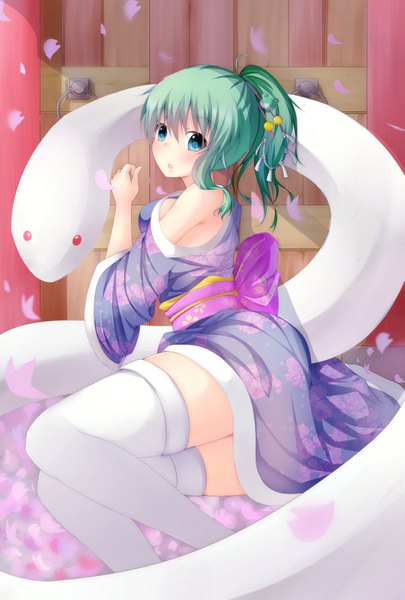 Anime picture 1181x1748 with touhou kochiya sanae nicoby tall image blush short hair blue eyes ponytail traditional clothes japanese clothes green hair girl thighhighs petals white thighhighs kimono obi snake
