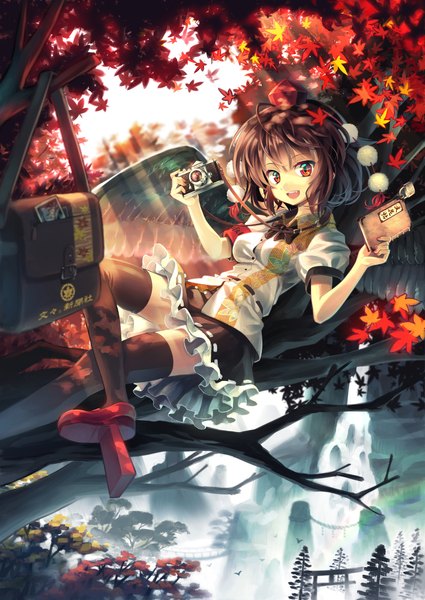 Anime picture 1416x2000 with touhou shameimaru aya cirno orita enpitsu single tall image looking at viewer blush short hair open mouth red eyes brown hair girl thighhighs dress black thighhighs plant (plants) hat wings tree (trees)