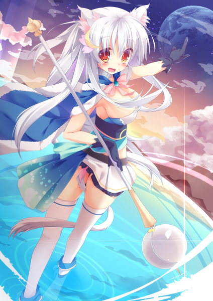 Anime picture 1157x1637 with kemomimi slave luna (kemomimi slave) kinokomushi single long hair tall image blush fringe breasts open mouth light erotic smile red eyes large breasts animal ears silver hair tail animal tail from behind cat ears