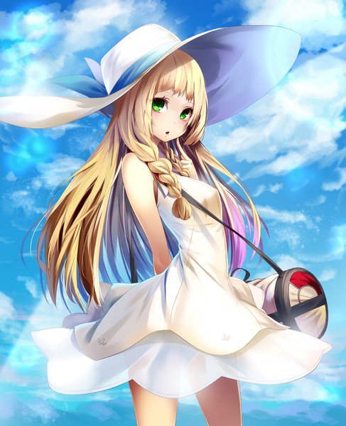 Anime picture 811x1000 with pokemon pokemon sm nintendo lillie (pokemon) soya (torga) single long hair tall image looking at viewer blush fringe open mouth blonde hair standing bare shoulders green eyes sky cloud (clouds) braid (braids) :o