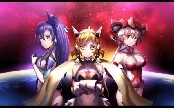 Anime picture 1748x1093 with senki zesshou symphogear satelight yukine chris tachibana hibiki kazanari tsubasa hk (hak) long hair highres short hair blue eyes light erotic blonde hair smile red eyes multiple girls yellow eyes silver hair purple hair parted lips side ponytail