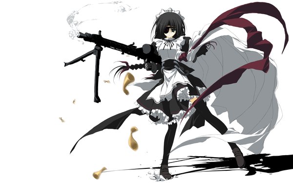 Anime picture 1920x1200 with moekan highres wide image white background maid gun eyepatch