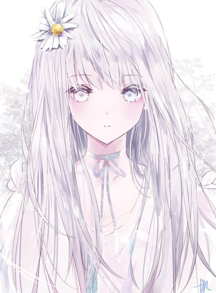 Anime picture 755x1025 with original tr (hareru) single long hair tall image blush white background silver hair hair flower white eyes girl flower (flowers) ribbon (ribbons)