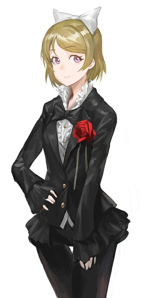 Anime picture 378x800 with love live! school idol project sunrise (studio) love live! koizumi hanayo modare single tall image fringe short hair simple background blonde hair white background pink eyes girl flower (flowers) bow hair bow bowtie rose (roses) tuxedo