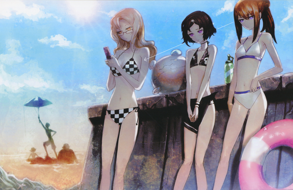 Anime picture 4002x2590 with steins;gate white fox makise kurisu shiina mayuri okabe rintarou urushibara ruka kiryuu moeka hashida itaru huke long hair highres short hair black hair blonde hair brown hair purple eyes multiple girls yellow eyes absurdres sky