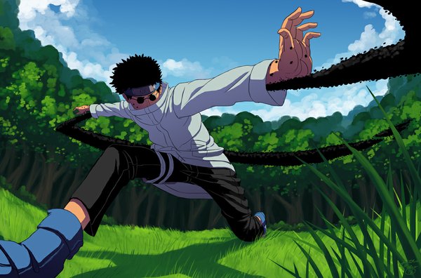 Anime picture 1000x660 with naruto studio pierrot naruto (series) aburame shino archaicephony single short hair black hair sky cloud (clouds) from below boy plant (plants) tree (trees) insect pants cloak grass goggles bandana