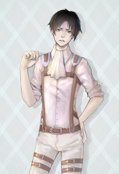Anime picture 1300x1900 with shingeki no kyojin production i.g levi (rivaille) zapekanka single tall image looking at viewer short hair black hair grey eyes hand on hip twisty sleeves rhombus boy shirt belt ascot