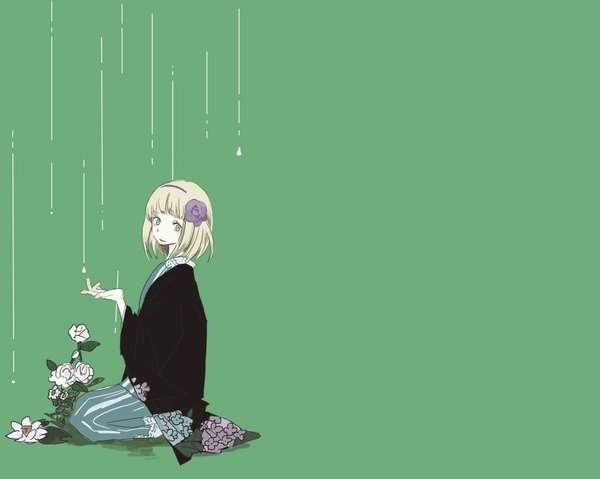 Anime picture 1024x819 with ao no exorcist a-1 pictures moriyama shiemi single short hair simple background blonde hair green eyes traditional clothes hair flower green background girl hair ornament flower (flowers)