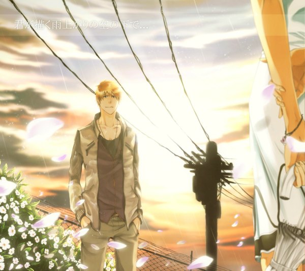Anime picture 1350x1200 with bleach studio pierrot kurosaki ichigo blonde hair smile orange hair evening light sunset rain casual flower (flowers) petals wire (wires)