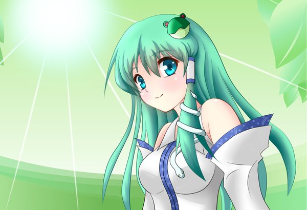 Anime picture 1569x1073 with touhou kochiya sanae casperps single long hair looking at viewer blue eyes smile bare shoulders green hair green background girl hair ornament detached sleeves hair tubes snake