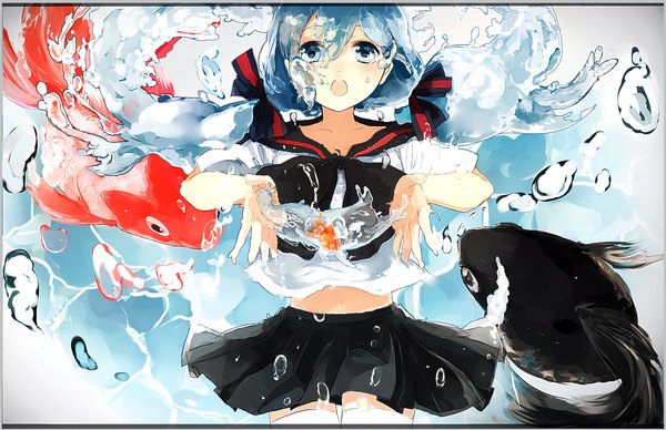Anime picture 1560x1010 with vocaloid hatsune miku bottle miku sora (artist) single long hair looking at viewer blush open mouth blue eyes twintails blue hair pleated skirt teeth border underwater liquid hair girl thighhighs skirt