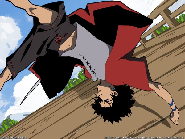 Anime picture 1600x1200 with samurai champloo mugen (samurai champloo) short hair black hair outdoors traditional clothes japanese clothes dutch angle copyright name character names upside down boy weapon sword katana