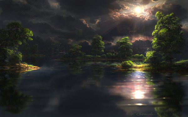 Anime picture 1680x1050 with original fel-x (artist) wide image cloud (clouds) sunlight wallpaper reflection landscape river nature plant (plants) animal tree (trees) bird (birds)