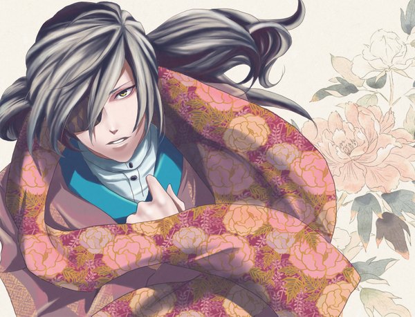 Anime picture 1500x1149 with peggy (artist) single open mouth yellow eyes grey hair floral print boy flower (flowers) leaf (leaves) eyepatch