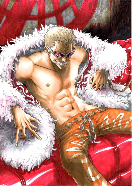 Anime picture 2951x4140 with one piece toei animation donquixote doflamingo marlboro (artist) single tall image highres short hair blonde hair smile sitting open clothes open jacket boy jacket feather (feathers) sunglasses clock pocket watch