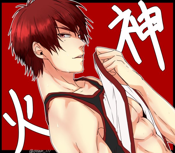 Anime picture 1200x1050 with kuroko no basket production i.g kagami taiga kuwa ayase single looking at viewer short hair open mouth red eyes bare shoulders red hair profile sweat character names letterboxed red background muscle abs boy uniform