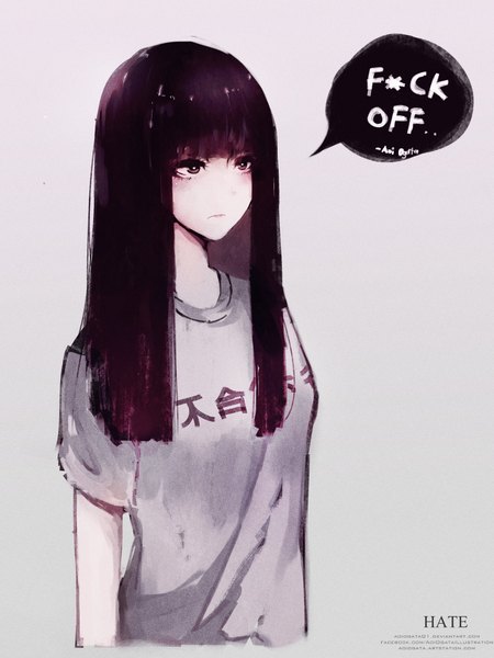 Anime picture 1748x2333 with original hate-chan (aoi ogata) aoi ogata single long hair tall image blush fringe highres black hair simple background signed looking away blunt bangs black eyes text english expressionless clothes writing purple background