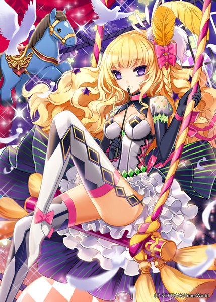 Anime picture 644x900 with neuro48 single long hair tall image looking at viewer fringe breasts light erotic blonde hair sitting purple eyes holding braid (braids) wavy hair girl dress bow hair bow animal boots