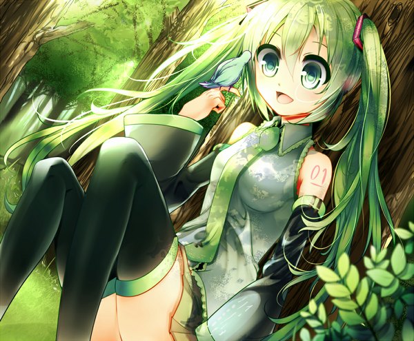 Anime picture 1186x980 with vocaloid hatsune miku aaru single long hair looking at viewer open mouth twintails green eyes green hair bird on hand girl skirt plant (plants) detached sleeves miniskirt animal tree (trees) necktie headphones