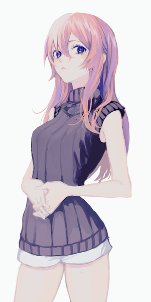 Anime picture 748x1491 with vocaloid megurine luka p2 (uxjzz) single long hair tall image looking at viewer fringe simple background hair between eyes standing white background purple eyes pink hair hands clasped interlocked fingers girl shorts short shorts vest