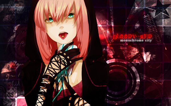 Anime picture 1280x800 with vocaloid megurine luka hebi (yurari) single long hair wide image red hair aqua eyes :p girl tongue star (symbol) hood microphone stand